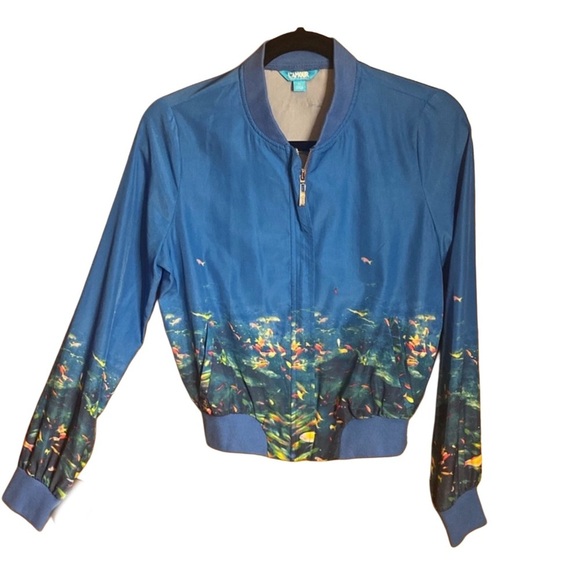 Nanette Lepore L’Amore Blue Ocean Fish Bomber Jacket zip up Cardigan - Sz M - Picture 3 of 9